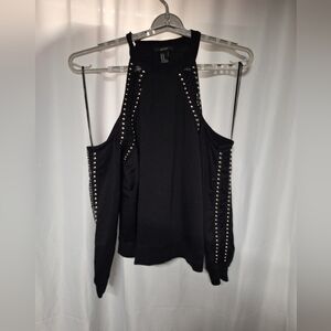 Forever 21 Black Studded Cold Shoulder Blouse Biker Grundge Cold Shoulder.